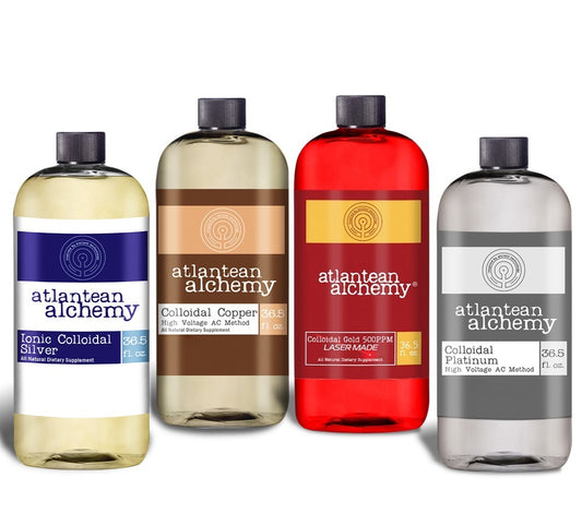 Premium Ionic Colloidal Silver, Colloidal Copper, Colloidal Gold & Platinum Bundle (36.5oz Bottles)