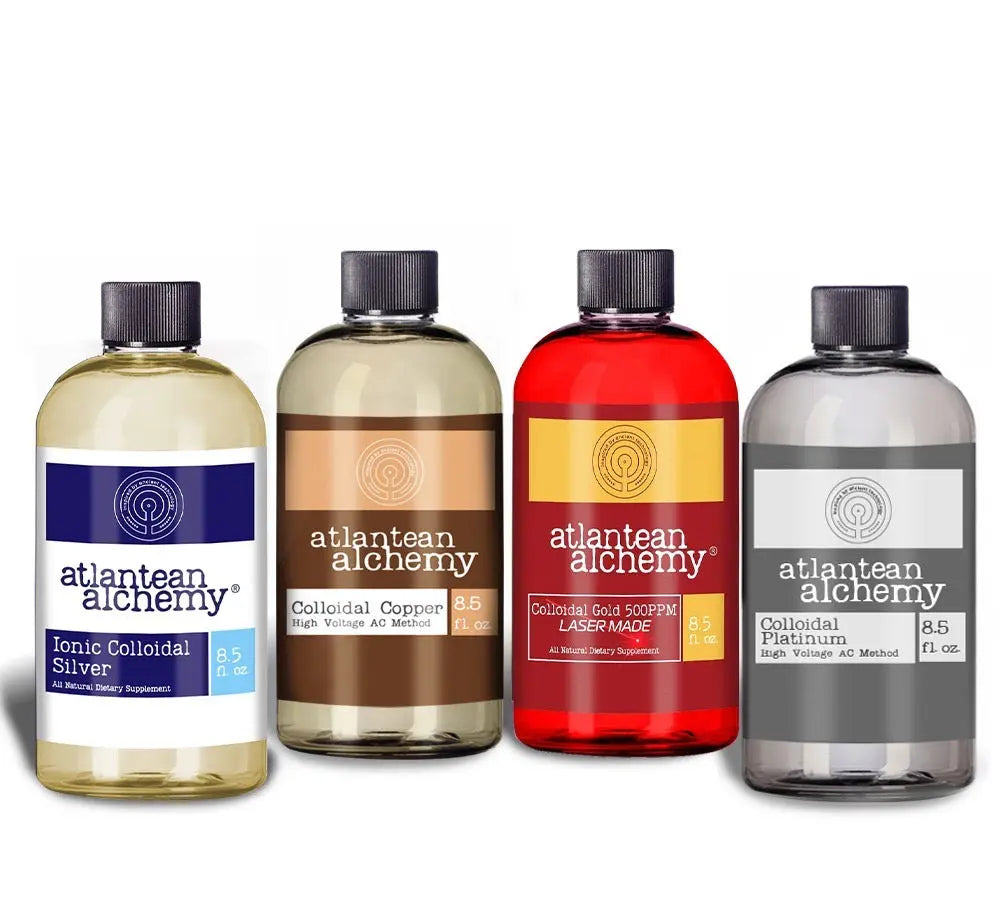 Premium Ionic Colloidal Silver, Colloidal Copper, Colloidal Gold & Platinum Bundle (8.5oz Bottles) Atlantean Alchemy