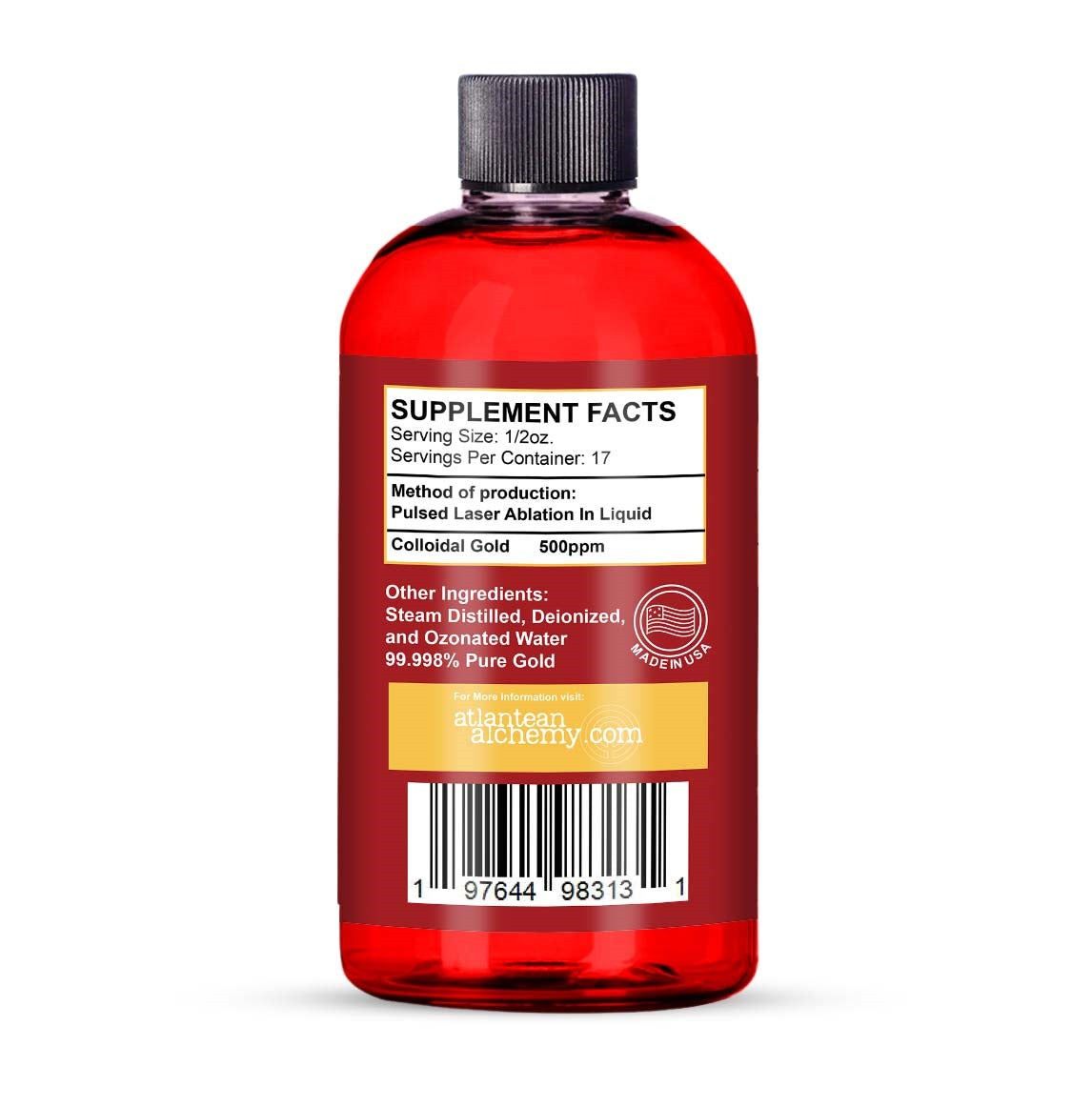 Colloidal Gold 500PPM 8.5oz - LASER MADE Back Of Bottle
