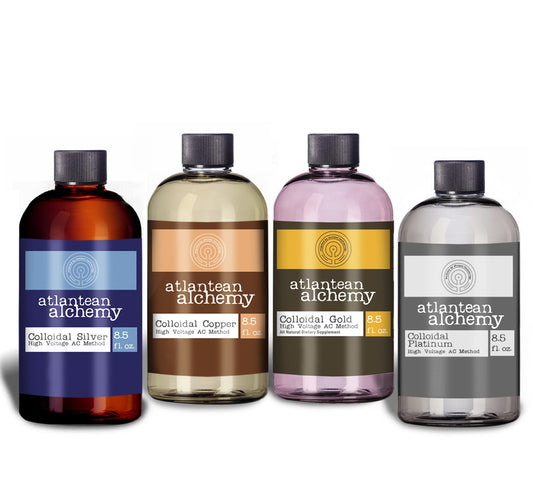 Colloidal Silver, Copper, Gold & Platinum Bundle 60PPM 8.5oz Bottles Atlantean Alchemy